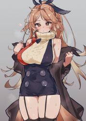 Rule 34 | 1girl, alternate breast size, arknights, black thighhighs, blush, breasts, brown coat, brown eyes, brown hair, coat, dress, feather hair, feather hair ornament, feathers, garter straps, grey background, hair ornament, heart, highres, large breasts, long hair, looking at viewer, mole, mole under eye, nitro (mugityaoisii), open clothes, open coat, parted lips, pinecone (arknights), ponytail, simple background, sleeveless, sleeveless dress, solo, sweat, thighhighs, thighs, turtleneck, turtleneck dress, very long hair