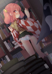 Rule 34 | bell, book, book stack, bookshelf, boots, checkered clothes, checkered kimono, dutch angle, from behind, hair bell, hair ornament, japanese clothes, kimono, motoori kosuzu, panties, red eyes, red hair, sen1986, short hair, solo focus, touhou, two side up, underwear, white panties