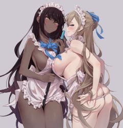 2girls agnamore apron ass asuna_(blue_archive) bare_shoulders black_hair blonde_hair blue_archive blue_eyes blush breasts butt_crack dark-skinned_female dark_skin karin_(blue_archive) large_breasts long_hair looking_at_viewer maid_apron maid_headdress multiple_girls naked_apron panties sideboob smile underwear white_panties yellow_eyes