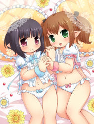 Rule 34 | 10s, 2girls, :d, bad id, bad pixiv id, black hair, blunt bangs, blush, bow, bow panties, brown hair, final fantasy, final fantasy xiv, flower, frilled pillow, frills, green eyes, hair ribbon, holding hands, interlocked fingers, lalafell, looking at viewer, lying, mizuno mumomo, multiple girls, navel, no pants, on back, open mouth, panties, pillow, pink eyes, pointy ears, ribbon, side-tie panties, smile, square enix, twintails, underwear, warrior of light (ff14), white panties, wrist cuffs