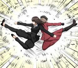 Rule 34 | 2girls, action, back-to-back, beret, black footwear, black gloves, black hair, black headwear, black jacket, black legwear, black pants, boots, brown hair, clenched hand, closed mouth, commentary, dress shirt, emphasis lines, flats, flying kick, formal, frown, girls und panzer, gloves, hat, high heel boots, high heels, highres, jacket, kicking, long hair, long skirt, long sleeves, motion lines, multiple girls, nishizumi shiho, omachi (slabco), pant suit, pants, pantyhose, red jacket, red skirt, shaded face, shimada chiyo, shirt, skirt, skirt suit, straight hair, suit, white shirt