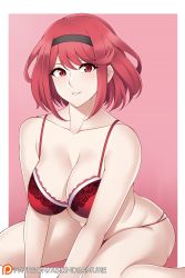 Rule 34 | 1girl, aslindsamure, bikini, breasts, cleavage, gem, gradient background, hair ornament, headpiece, highres, jewelry, large breasts, lingerie, looking at viewer, navel, nintendo, pyra (xenoblade), red eyes, red hair, short hair, sitting, smile, solo, swept bangs, swimsuit, thighs, tiara, underwear, xenoblade chronicles (series), xenoblade chronicles 2