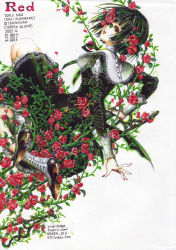 Rule 34 | black hair, boots, dress, flower, green eyes, high heels, highres, nao tsukiji, red theme