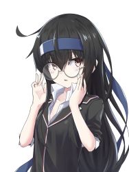 Rule 34 | 1girl, :o, bespectacled, black hair, black jacket, blue headband, brown eyes, collared shirt, glasses, hair between eyes, hatsushimo (kancolle), hatsushimo kai ni (kancolle), headband, highres, jacket, kantai collection, long hair, long sleeves, open mouth, round eyewear, shirt, simple background, solo, umino ht, white background, white shirt