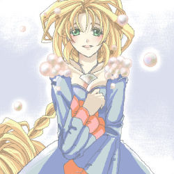 Rule 34 | 1girl, :d, blonde hair, blue background, blue dress, blush, braid, breasts, cleavage, collarbone, dress, fur trim, gem, green eyes, hand on own chest, jewelry, lady pearl, legend of mana, long hair, looking at viewer, lowres, necklace, open mouth, pearl (gemstone), pendant, seiken densetsu, simple background, single braid, small breasts, smile, solo, upper body, very long hair