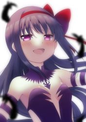Rule 34 | 1girl, absurdres, akemi homura, akuma homura, bare shoulders, black feathers, black hair, blush, bow, breasts, commentary request, detached collar, elbow gloves, feathers, fur-trimmed collar, fur trim, gloves, hachusan111, hair bow, highres, long hair, looking at viewer, mahou shoujo madoka magica, mahou shoujo madoka magica: hangyaku no monogatari, open mouth, purple eyes, purple gloves, red bow, simple background, small breasts, smile, solo, upper body, white background