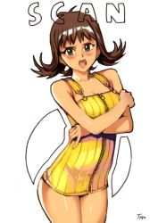 Rule 34 | 1girl, angry, bare shoulders, blush, breasts, brown hair, cropped legs, crossed arms, curly hair, dress, final fantasy, final fantasy viii, gameplay mechanics, green eyes, looking at viewer, medium breasts, open mouth, optionaltypo, selphie tilmitt, short dress, short hair, simple background, solo, square enix, standing, white background, zipper