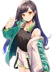 Rule 34 | 1girl, absurdres, black hair, black shirt, blush, breasts, commentary request, cowboy shot, earrings, green jacket, hair behind ear, hair ornament, hairclip, hand up, headphones, headphones around neck, highres, jacket, jewelry, kapo, long hair, long sleeves, looking at viewer, open mouth, orange eyes, project sekai, shiraishi an, shirt, shorts, simple background, single bare shoulder, smile, solo, swept bangs, undershirt, w, white background, white shorts