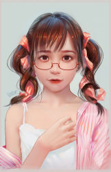 Rule 34 | 1girl, artist name, bespectacled, breasts, brown eyes, collarbone, copyright request, glasses, grey background, hair ribbon, highres, long sleeves, looking at viewer, multicolored shirt, orange ribbon, parted lips, peter xiao, red hair, ribbon, shirt, short hair, side ponytail, solo, striped clothes, striped shirt, undressing