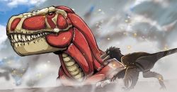 Rule 34 | a grim reminder, artist request, black eyes, colossal titan, dinosaur, eren yeager, feathers, gradient background, jurassic park, parody, reptile, shingeki no kyojin, titan (shingeki no kyojin), tyrannosaurus rex, wings