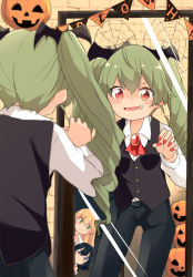 Rule 34 | 3girls, anchovy (girls und panzer), around corner, ascot, barashiya, bat hair ornament, belt, black belt, black hair, black pants, black vest, blonde hair, blurry, blurry foreground, brooch, carpaccio (girls und panzer), claw pose, closed mouth, commentary, depth of field, dress shirt, drill hair, fang, girls und panzer, green eyes, green hair, hair ornament, halloween, halloween costume, highres, jack-o&#039;-lantern, jewelry, long hair, mirror, multiple girls, nail polish, open mouth, pants, peeking out, pepperoni (girls und panzer), red ascot, red eyes, red nails, reflection, shirt, short hair, silk, smile, spider web, standing, string of flags, twin drills, twintails, vampire costume, vest, white shirt, wing collar