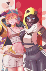 Rule 34 | 2girls, absurdres, animal ear headphones, animal ears, apex legends, black bodysuit, black gloves, bodysuit, cat ear headphones, cat mask, choker, collarbone, commentary, crop top, english commentary, facial scar, fake animal ears, gloves, grey shorts, grey tank top, hand on another&#039;s hip, hand on own hip, headphones, highres, hood, hood up, hooded jacket, jacket, looking at viewer, looking to the side, mask, midriff, multiple girls, navel, official alternate costume, purple gloves, purple headwear, ridd-li, salute, scar, scar on cheek, scar on face, scar on stomach, shorts, smile, sunglasses, tank top, thunder kitty wattson, visor cap, void prowler wraith, wattson (apex legends), wraith (apex legends), yellow choker