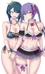 Rule 34 | 2girls, :o, absurdres, aizawa kazuha, arms at sides, assault lily, asymmetrical hair, bare arms, bare shoulders, bikini, bikini skirt, black bikini, blue bikini, blue eyes, blue hair, blush, bow, bracelet, breasts, chin gero, cleavage, collar, collarbone, commentary request, cowboy shot, cross-laced bikini, cross-laced clothes, detached sleeves, floral print, frilled bikini, frilled sleeves, frills, front-tie bikini top, front-tie top, glint, green bow, green hairband, hair bow, hair ornament, hair ribbon, hairband, halterneck, hand on another&#039;s chest, highres, holding hands, interlocked fingers, jewelry, long hair, looking at viewer, matsumura fuuka, medium breasts, medium hair, multiple girls, navel, necklace, official alternate costume, open mouth, parted lips, pendant, pink eyes, print bikini, purple bow, purple hair, purple ribbon, ribbon, ribbon-trimmed bikini, ribbon-trimmed collar, ribbon trim, see-through, short sleeves, side-by-side, side-tie bikini bottom, simple background, stomach, sweatdrop, swimsuit, tassel, tassel hair ornament, teeth, thigh strap, twintails, upper teeth only, white background, white collar, wrist bow, wrist cuffs, yuri