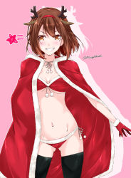 Rule 34 | 1girl, alternate costume, antlers, bikini, black thighhighs, bow, breasts, brown eyes, brown hair, cape, choker, christmas, gloves, grin, hair bow, horns, kantai collection, medium breasts, mikage takashi, navel, red gloves, santa bikini, santa costume, shiratsuyu (kancolle), short hair, side-tie bikini bottom, smile, solo, star (symbol), swimsuit, thighhighs, twitter username