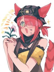 Rule 34 | + +, 1girl, animal ears, arknights, bad id, bad twitter id, black scarf, black vest, dirty, dirty face, ears through headwear, flower, fox ears, fox girl, fox tail, glasses, green eyes, hair over one eye, happy, highres, holding, holding flower, light, mining helmet, mmm ma pmpm, myrrh (arknights), open mouth, red hair, scarf, shirt, short hair, simple background, solo, sparkle, tail, vest, white background, yellow shirt