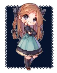 Rule 34 | 1girl, artist name, black background, black ribbon, black socks, blue eyes, blush, borrowed character, braid, brown hair, chibi, commission, dress, full body, green dress, hair ribbon, hand on own cheek, hand on own face, hand up, head tilt, hyanna-natsu, kneehighs, layered dress, long hair, long sleeves, looking at viewer, original, parted lips, ribbon, socks, solo, standing, striped clothes, striped socks, tareme, transparent background, twin braids, two-tone background, vertical-striped clothes, vertical-striped socks