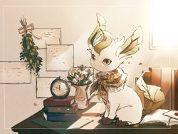 Rule 34 | bad id, bad pixiv id, book, brown eyes, brown scarf, clock, closed mouth, commentary request, creatures (company), desk, game freak, gen 4 pokemon, indoors, leafeon, nao (naaa 195), nintendo, no humans, open book, paper, pokemon, pokemon (creature), scarf, sitting, solo, toes