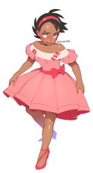 Rule 34 | 1boy, absurdres, blush, choker, combos &amp; doodles, commentary, cosplay, creatures (company), crossdressing, curtsey, dark-skinned male, dark skin, dawn (pokemon), dawn (pokemon) (cosplay), dress, earrings, full body, game freak, goh (pokemon), hairband, high heels, highres, jewelry, knees, male focus, nintendo, open mouth, pink dress, pink footwear, pink hairband, pokemon, pokemon (anime), pokemon dppt (anime), pokemon journeys, short hair, smile, solo, standing, teeth, tongue, trap