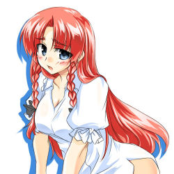 Rule 34 | 1girl, blue eyes, blush, bow, braid, breasts, embodiment of scarlet devil, female focus, hong meiling, leaning forward, long hair, lowres, naked shirt, nightgown, open mouth, red hair, shirt, simple background, solo, tajima yuuki, touhou, twin braids, white shirt