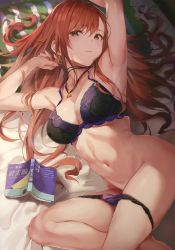 Rule 34 | 1girl, absurdres, arisugawa natsuha, armpits, arms up, barefoot, black eyes, book, bra, breasts, brown hair, choker, closed mouth, earrings, highres, idolmaster, idolmaster shiny colors, indoors, jewelry, long hair, lying, medium breasts, navel, on bed, open book, panties, panty pull, ribbon choker, scan, sidelocks, sola7764, solo, underwear, underwear only