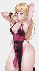 Rule 34 | 1girl, alternate costume, alternate hair color, arm behind head, armpits, arms up, black dress, blonde hair, bracelet, braid, breasts, capcom, cheshirrr, china dress, chinese clothes, chun-li, cleavage, dress, hair down, highres, jewelry, long braid, long hair, looking at viewer, medium breasts, nail polish, no bra, no panties, nose, pelvic curtain, red eyes, side braids, side slit, sideboob, smile, solo, spiked bracelet, spikes, street fighter, street fighter v, sweat, thick thighs, thighs, twin braids