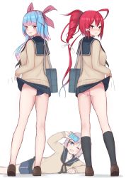Rule 34 | 3girls, alternate costume, aoba (kancolle), ass, bag, bare legs, black socks, blue hair, blue sailor collar, blue skirt, blurry, blurry background, blush, breasts, brown footwear, cardigan, cellphone, clothes lift, commentary request, fang, from behind, full body, hair ribbon, highres, i-168 (kancolle), i-19 (kancolle), kantai collection, kneehighs, lifting own clothes, long hair, long sleeves, looking at viewer, looking back, multiple girls, one eye closed, open mouth, panties, phone, pink hair, pink panties, ponytail, red eyes, red hair, ribbon, sailor collar, school bag, school swimsuit, school uniform, serafuku, shoes, shoulder bag, simple background, skirt, skirt lift, smile, socks, standing, star-shaped pupils, star (symbol), sweater, swimsuit, swimsuit under clothes, symbol-shaped pupils, taking picture, tiemu (man190), underwear, white background