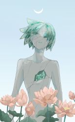 Rule 34 | 1other, androgynous, aqua hair, arms at sides, cracked skin, crescent moon, crystal hair, floating hair, flower, highres, houseki no kuni, leaf, looking at viewer, lotus, moon, moon in daylight, nude, one-eyed, other focus, parted lips, phosphophyllite, short hair, sky, solo, twilight, umino mozuku, upper body