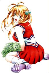 Rule 34 | 00s, 1girl, :3, :d, antenna hair, blonde hair, breasts, cheerleader, crease, from behind, green eyes, hair bobbles, hair ornament, highres, ikkitousen, jpeg artifacts, kneeling, large breasts, long hair, looking back, loose socks, official art, open mouth, pleated skirt, pom pom (cheerleading), red skirt, scan, shiozaki yuji, shoe soles, shoes, simple background, sitting, skirt, sleeveless, smile, sneakers, socks, solo, sonsaku hakufu, spread legs, twintails, white socks