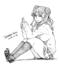Rule 34 | 1girl, cardigan, cellphone, closed mouth, dated, from side, full body, galko, greyscale, gyaru, hair bun, hair ornament, hair scrunchie, holding, holding phone, kogal, long sleeves, looking at viewer, looking to the side, miniskirt, monochrome, one side up, oshiete! galko-chan, phone, pleated skirt, scrunchie, shoes, signature, simple background, single hair bun, skirt, smartphone, smile, socks, solo, tachibana roku, white background