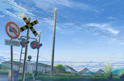 Rule 34 | absurdres, bicycle, blue sky, bush, cloud, commentary request, day, fence, grass, highres, japan, no humans, no trucks sign, original, outdoors, power lines, railroad crossing, road sign, rural, satoshy, scenery, sign, sky, utility pole