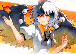 Rule 34 | 1girl, arm at side, bird wings, black bow, black bowtie, black hair, black wings, bow, bowtie, collared shirt, grey hair, hands up, hat, highres, leaf, looking at viewer, maple leaf, orange eyes, overexposure, pom pom (clothes), qqqrinkappp, red hat, shameimaru aya, shirt, short hair, smile, solo, tokin hat, touhou, traditional media, upper body, white shirt, wing collar, wings