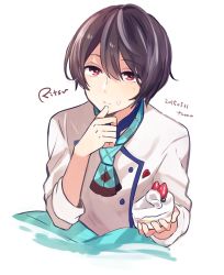 Rule 34 | 10s, 1boy, black hair, cake, dated, ensemble stars!, food, food on face, looking at viewer, male focus, red eyes, sakuma ritsu, solo, strawberry shortcake, tama (songe), upper body, whipped cream