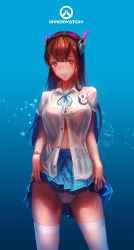 Rule 34 | 1girl, absurdres, blue background, blue skirt, bra, bracelet, breasts, brown eyes, brown hair, casual, clothes lift, copyright name, cowboy shot, d.va (overwatch), emblem, facepaint, facial mark, gradient background, headphones, highres, ibara dance, jewelry, large breasts, lifted by self, logo, long hair, looking at viewer, matching hair/eyes, miniskirt, open clothes, open shirt, overwatch, overwatch 1, panties, parted lips, plaid, plaid skirt, pleated skirt, school uniform, see-through, shirt, short sleeves, skirt, skirt lift, smile, solo, thighhighs, underwear, wet, wet clothes, wet panties, wet shirt, whisker markings, white shirt, white thighhighs