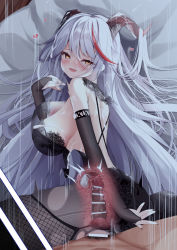 Rule 34 | 1boy, 1girl, aegir (azur lane), alternate costume, azur lane, backless dress, backless outfit, bare shoulders, bareback, black dress, black gloves, breasts, bridal gauntlets, cum, cum in pussy, dress, ejaculation, fine fabric emphasis, gloves, hair on horn, heart, hetero, internal cumshot, large breasts, long hair, looking at viewer, lying, madotsukumo, male pubic hair, multicolored hair, on side, penis, pubic hair, red hair, sex, two-tone hair, vaginal, very long hair, white hair, x-ray, yellow eyes