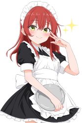 Rule 34 | 1girl, 8-sun, apron, black dress, blush, bocchi the rock!, closed mouth, cowboy shot, dress, green eyes, hair between eyes, highres, holding, holding tray, kita ikuyo, long hair, looking at viewer, maid, maid apron, maid headdress, puffy short sleeves, puffy sleeves, red hair, short sleeves, simple background, smile, solo, sparkle, standing, tray, v, white background