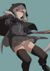Rule 34 | 1girl, black gloves, black thighhighs, blue background, blue hair, blush, cape, fate (series), fu-ta, gloves, gray (fate), grey hair, holding, holding scythe, hood, hooded cape, looking at viewer, lord el-melloi ii case files, panties, parted lips, pleated skirt, scythe, simple background, skirt, solo, thighhighs, underwear, white panties