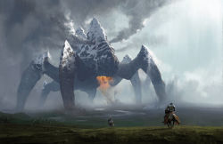Rule 34 | 2boys, chase stone, colossus, dust cloud, grass, horse, knight, monster, mountain, multiple boys, original, scenery, smoke, snow, town
