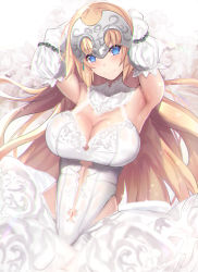 Rule 34 | 1girl, ahoge, armpits, arms behind head, blonde hair, blush, breasts, chain, cleavage, closed mouth, commentary, cowboy shot, dress, fate (series), headpiece, highres, jeanne d&#039;arc (fate), jeanne d&#039;arc (ruler) (fate), lace trim, large breasts, leotard, long hair, looking at viewer, navel, skindentation, skirt, skirt under leotard, smile, solo, untue, very long hair, wedding dress, white leotard, white skirt