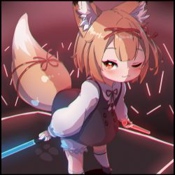 Rule 34 | 1girl, ;3, animal ears, beat saber, black border, black dress, black footwear, bloomers, blush, border, brown hair, chromatic aberration, closed mouth, collared shirt, dress, fox ears, fox girl, fox tail, glowstick, hair ornament, hairclip, highres, holding, koume (vrchat), kuro kosyou, long sleeves, looking at viewer, one eye closed, pinafore dress, puffy long sleeves, puffy sleeves, red eyes, shirt, shoes, sleeveless, sleeveless dress, sleeves past wrists, socks, solo, standing, tail, underwear, vrchat, white bloomers, white shirt, white socks, x hair ornament