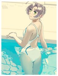 Rule 34 | 1girl, alternate hairstyle, antenna hair, competition swimsuit, from behind, green eyes, grey hair, hair bun, highres, kantai collection, kinugasa (kancolle), looking at viewer, looking back, ojipon, one-piece swimsuit, parted bangs, partially submerged, poolside, racerback, solo, swimsuit, water, white one-piece swimsuit