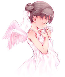 Rule 34 | angel, brown hair, dress, duplicate, closed eyes, pink theme, profile, ribbon, solo, wings, yoshinari atsushi