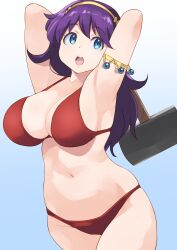 Rule 34 | 1girl, armlet, armpits, athena (series), bikini, blue background, blue eyes, breasts, cleavage, commentary request, cowboy shot, gradient background, hammer, highres, holding, holding hammer, jewelry, large breasts, long hair, looking to the side, navel, nemo (user ryaa2474), open mouth, plump, presenting armpit, princess athena, purple hair, red bikini, skindentation, sledgehammer, solo, swimsuit, thick thighs, thighs, tiara