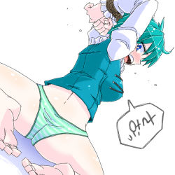 Rule 34 | 1girl, aono3, aqua hair, aqua panties, ass, barefoot, bdsm, blue eyes, blush, cold, dutch angle, from behind, long sleeves, no pants, open mouth, panties, simple background, solo, speech bubble, striped clothes, striped panties, tatara kogasa, touhou, underwear