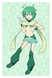 Rule 34 | 10s, 1girl, :d, androgynous, antennae, argyle, argyle background, argyle clothes, bare shoulders, belt, buckle, card, cato (monocatienus), cosplay, detached collar, flat chest, garter belt, garter straps, green eyes, green hair, highres, leg warmers, look-alike, looking at viewer, matching hair/eyes, micro bra, microskirt, midoriko (wixoss), midoriko (wixoss) (cosplay), midriff, navel, open mouth, petite, scarf, short hair, shorts, skirt, smile, solo, touhou, tsurime, wixoss, wriggle nightbug, wrist cuffs