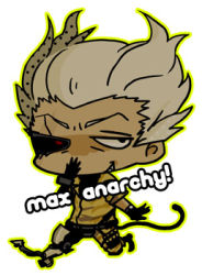 Rule 34 | ammunition, chibi, cybernetic, durga (max anarchy), grin, lowres, max anarchy, red eyes, smile, tail, white hair