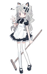 Rule 34 | 1girl, agoshi sakina, alternate costume, animal ears, apron, black bow, black bowtie, black dress, bow, bowtie, broom, brown eyes, cat ears, closed mouth, collared dress, commentary request, dress, enmaided, fish hair ornament, frilled dress, frills, full body, grey hair, hair ornament, hand up, heel up, highres, holding, holding broom, kemonomimi mode, kokaki mumose, looking at viewer, maid, maid apron, maid headdress, mary janes, musical note, null-meta, puffy short sleeves, puffy sleeves, shoes, short dress, short sleeves, simple background, smile, solo, thighhighs, w, wavy hair, white background, white thighhighs, wrist cuffs