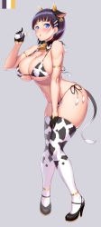 Rule 34 | 1girl, :o, absurdres, animal ears, animal print, bare shoulders, bell, bikini, black gloves, black hair, blue eyes, blunt bangs, blush, bottle, breasts, brown hair, cleavage, collar, collarbone, commentary request, covered erect nipples, cow ears, cow girl, cow horns, cow print, cow print bikini, cow tail, cowbell, curvy, elbow gloves, fake animal ears, fake horns, fake tail, from side, full body, gloves, grey background, hair ornament, hairclip, hand on own thigh, high heels, highres, horns, huge breasts, kawase seiki, kirigaya suguha, knees together feet apart, large breasts, leaning forward, looking at viewer, milk bottle, navel, neck bell, open mouth, print bikini, print thighhighs, shoes, short hair, side-tie bikini bottom, simple background, skindentation, solo, swimsuit, sword art online, tail, thick thighs, thighhighs, thighs, white background
