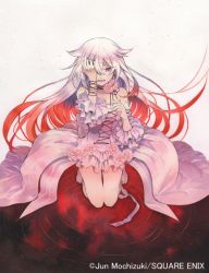 Rule 34 | 00s, 1girl, bare shoulders, blood, braid, choker, covering face, dress, flower, frilled dress, frills, kneeling, long hair, mochizuki jun, official art, pandora hearts, red eyes, rose, solo, tears, very long hair, white hair, will of the abyss