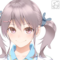 Rule 34 | 1girl, aoi sora (pairan), blush, brown eyes, brown hair, gym uniform, hair ornament, hairclip, looking at viewer, original, pairan, portrait, short hair, simple background, smile, solo, twintails, white background