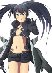 Rule 34 | 10s, 1girl, barcode, barcode tattoo, bikini, bikini top only, black hair, black rock shooter, black rock shooter (character), black rock shooter (game), blue eyes, coat, gloves, highres, kimmt, long hair, mechanical wings, midriff, navel, paintedmike, shorts, simple background, solo, swimsuit, symbol-shaped pupils, tattoo, twintails, wings